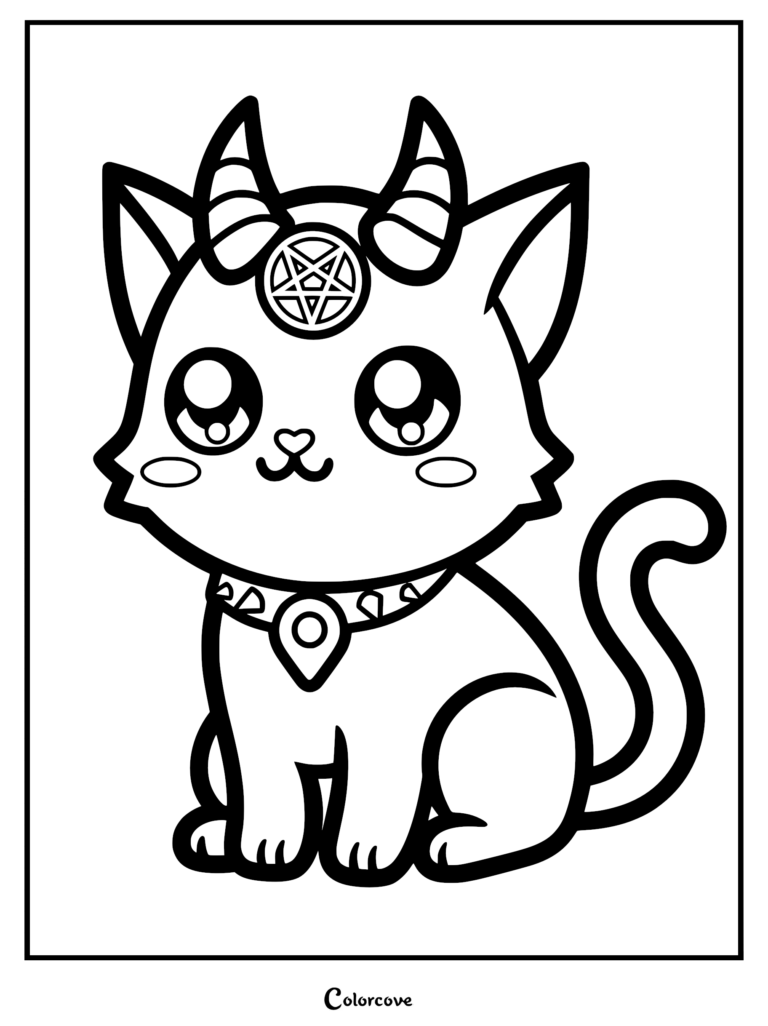 Kawaii pastel goth kitten with devil horns and a pentagram symbol, black and white coloring page.