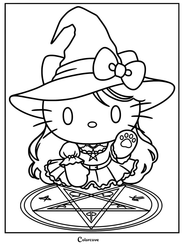 A Hello Kitty inspired Pastel Goth kitten wearing a witch hat and gothic dress, sitting on a pentagram ritual circle in this printable coloring page.