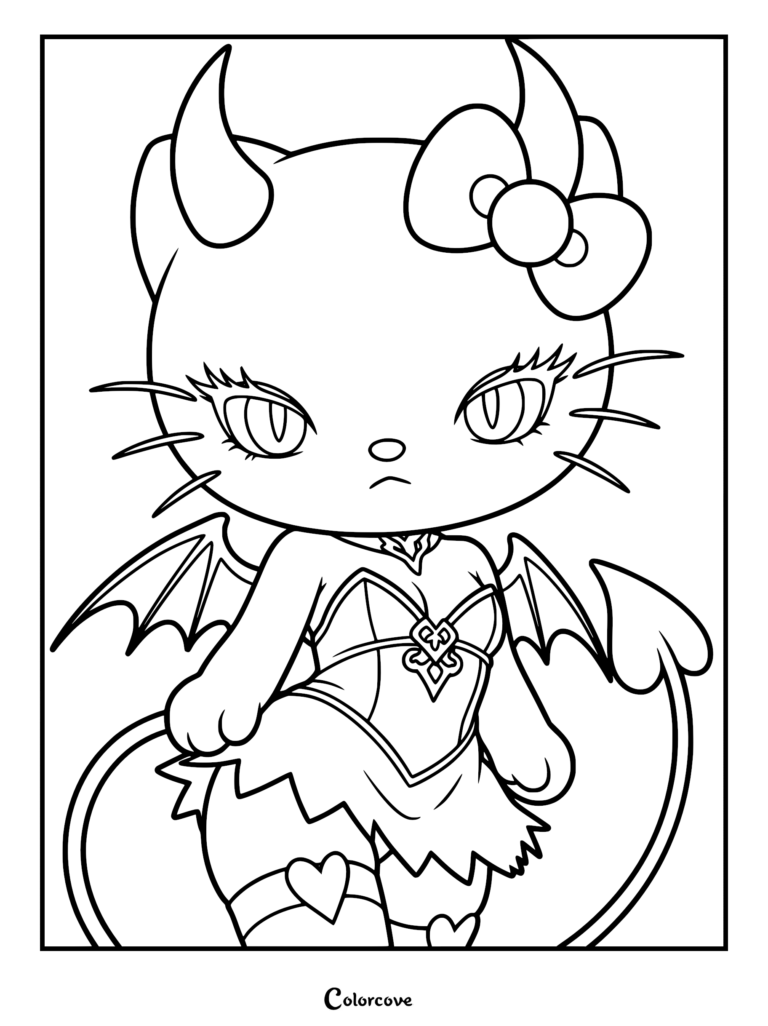 A printable pastel goth kitten coloring page featuring a demon-cat hybrid with horns, bat wings, a tail with a heart tip, and a bow wearing a frilled bodice.