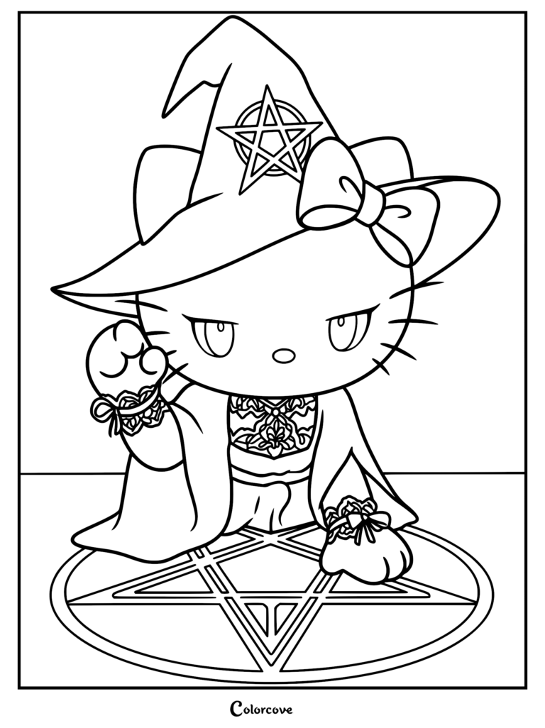 A pastel goth kitten wearing a witch hat with a pentagram and bow, casting a spell on a pentagram circle, detailed line art coloring page.