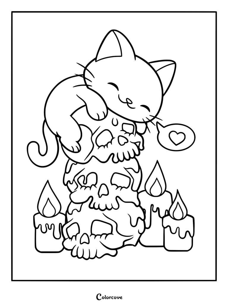 A kawaii pastel goth kitten sitting atop a stack of three melting human skulls surrounded by dripping candles, black and white coloring page.