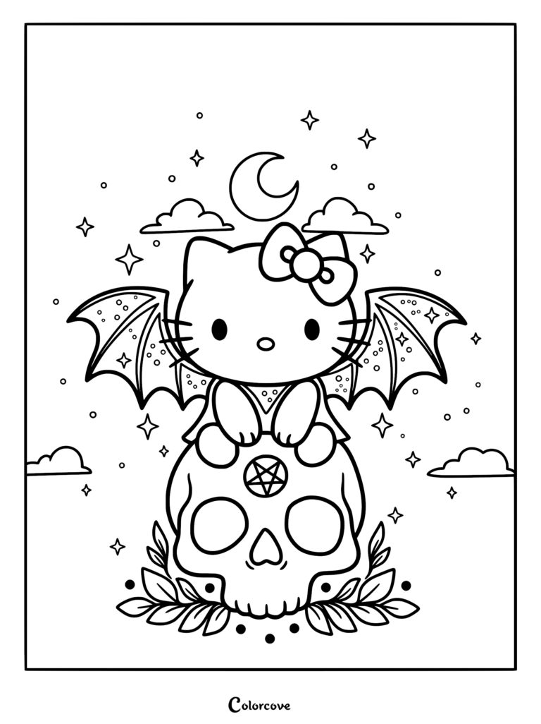 A pastel goth kitten with bat wings and a bow sitting on a human skull with a pentagram, under a crescent moon and stars coloring page.