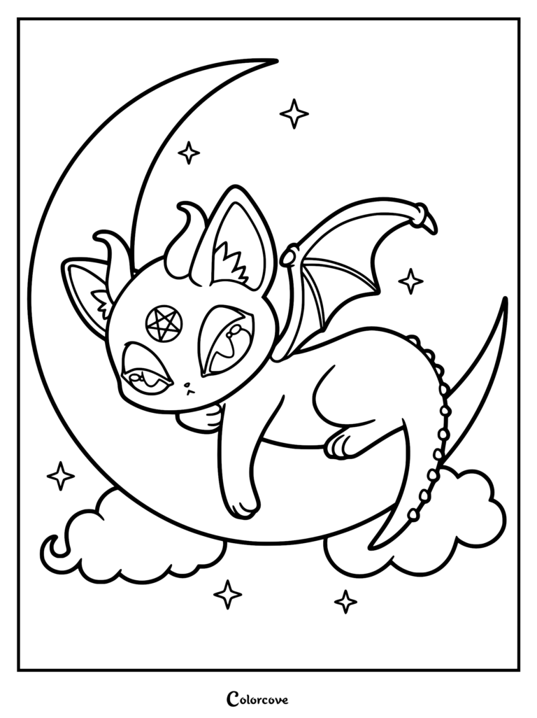 A pastel goth kitten with small bat wings, horns, and a pentagram forehead mark resting on a crescent moon, featured as a printable coloring page.