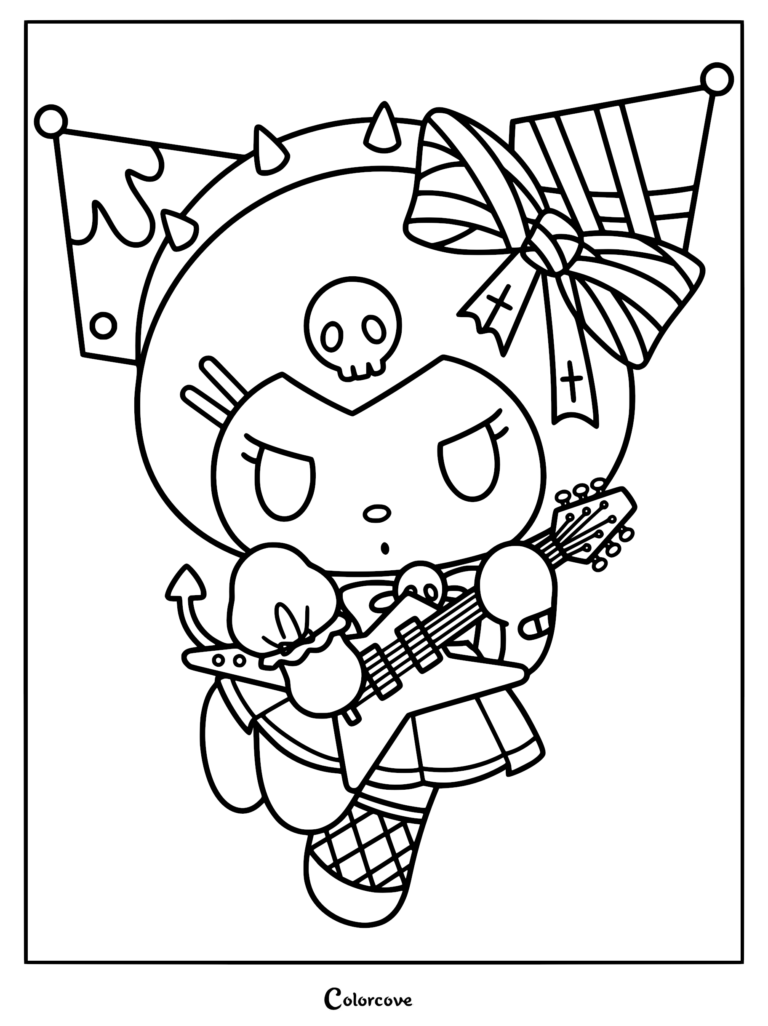 A printable pastel goth kitten coloring page featuring Kuromi wearing a jester hat with a skull emblem, playing a rock electric guitar with a striped bow.