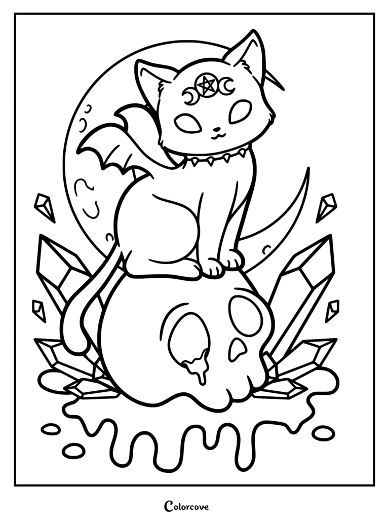 A pastel goth kitten with bat wings, a pentagram forehead mark, and a spiked collar sitting on a melting skull surrounded by crystals, line art coloring page.
