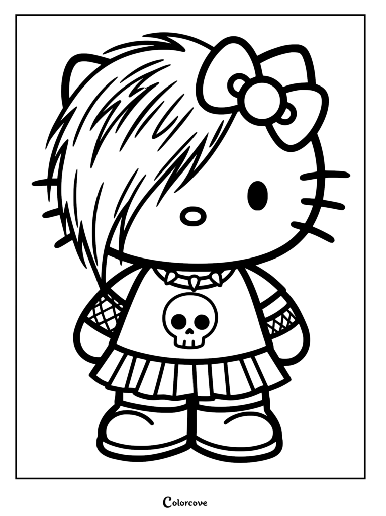 Pastel goth kitten coloring page featuring an emo-style cat with side-swept bangs, a skull-print t-shirt, spiked collar, and fishnet arm sleeves.