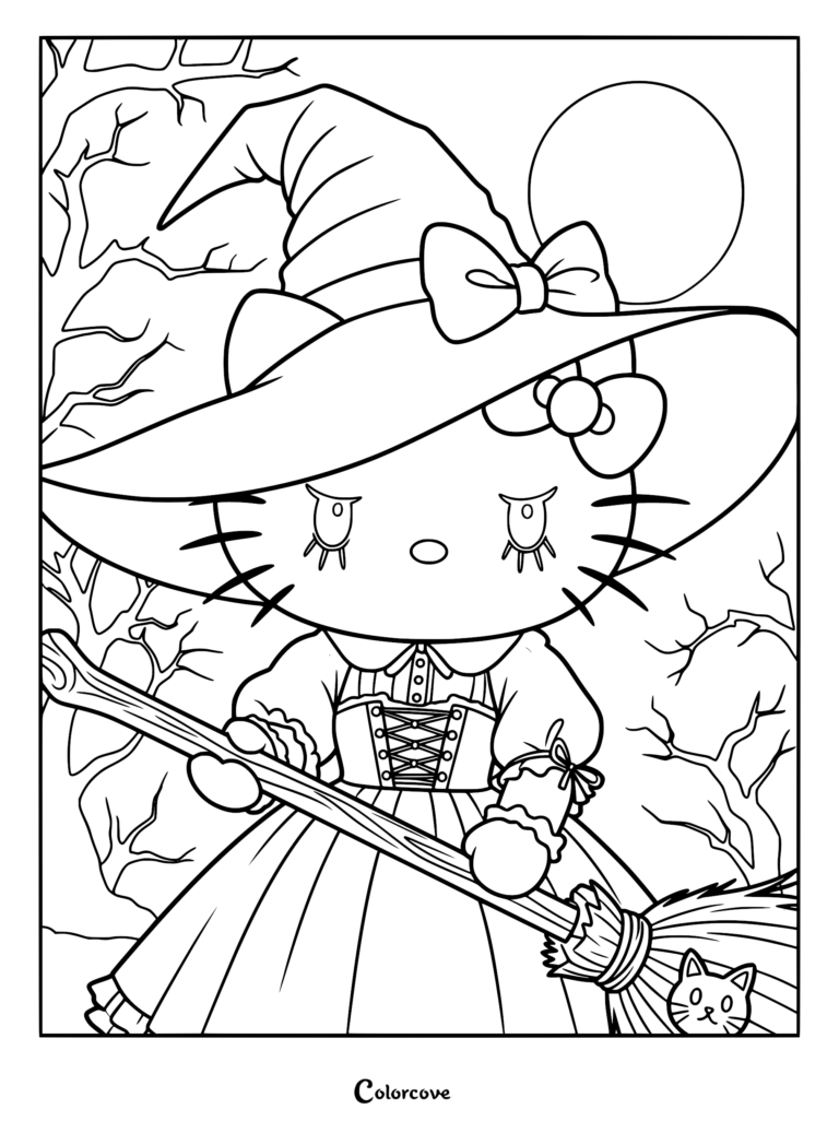 A pastel goth kitten dressed as a witch with a large bow-adorned hat holding a broomstick in front of a full moon and bare trees, in a detailed coloring page format.