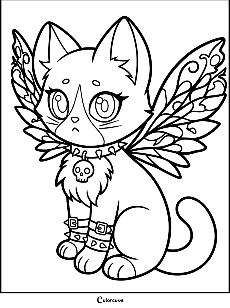 A printable pastel goth kitten coloring page featuring a cute cat with fairy wings, a skull pendant collar, and spiked leg cuffs.