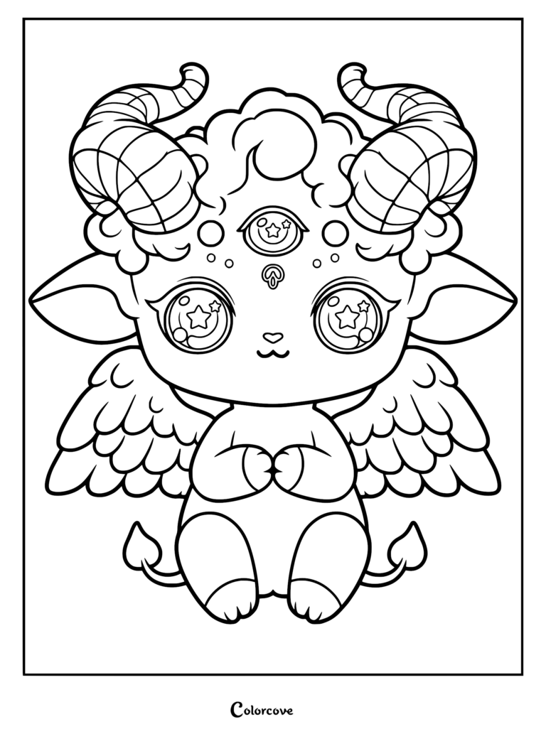 A cute pastel goth kitten coloring page featuring a three-eyed creature with curled horns, fluffy hair, and small wings.