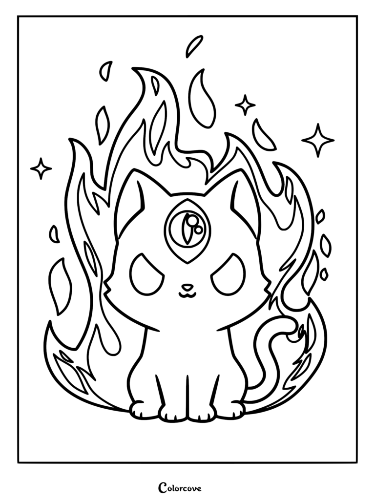 A printable pastel goth kitten coloring page featuring a three-eyed cat surrounded by magical flames and floating stars.