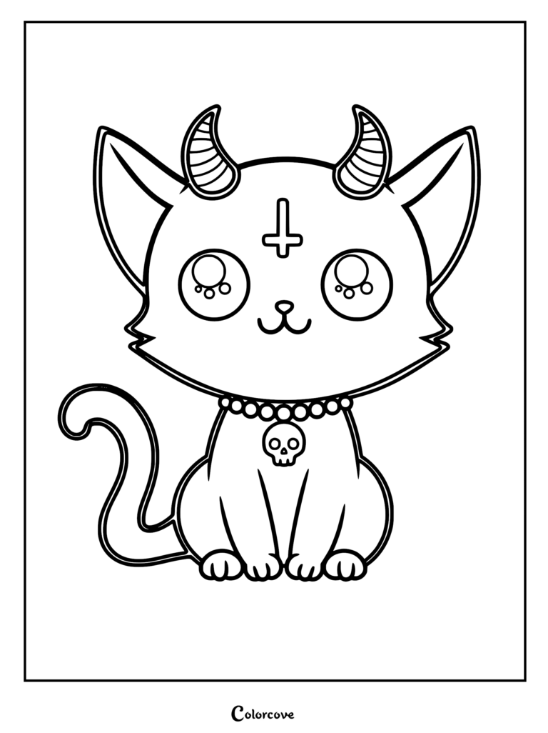 A cute kawaii style pastel goth kitten coloring page featuring striped horns, an inverted cross on its forehead, and a skull pendant necklace.