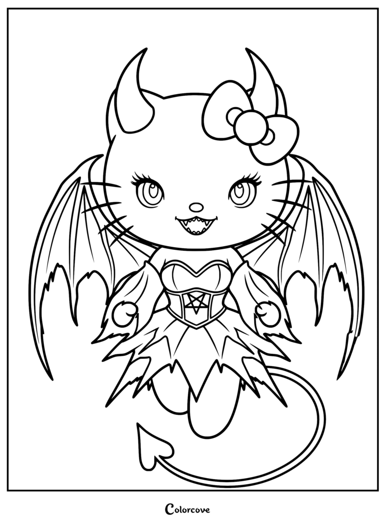 A pastel goth kitten coloring page featuring a winged demon cat with a bow, pentagram corset, and heart-tipped tail.