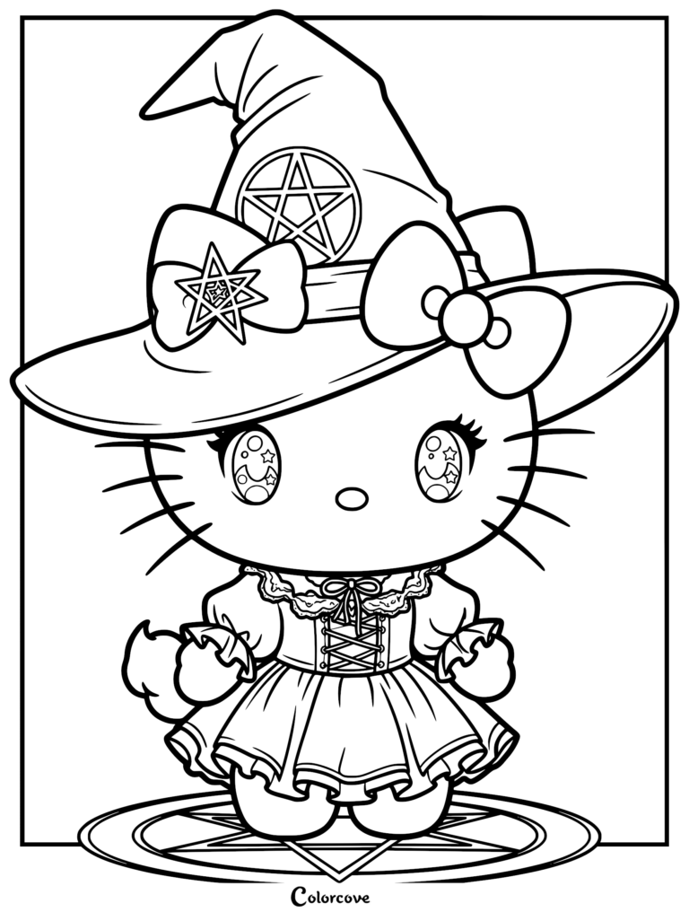 Pastel goth kitten wearing a witch hat with a pentagram and star bow, standing on a ritual circle, coloring page.