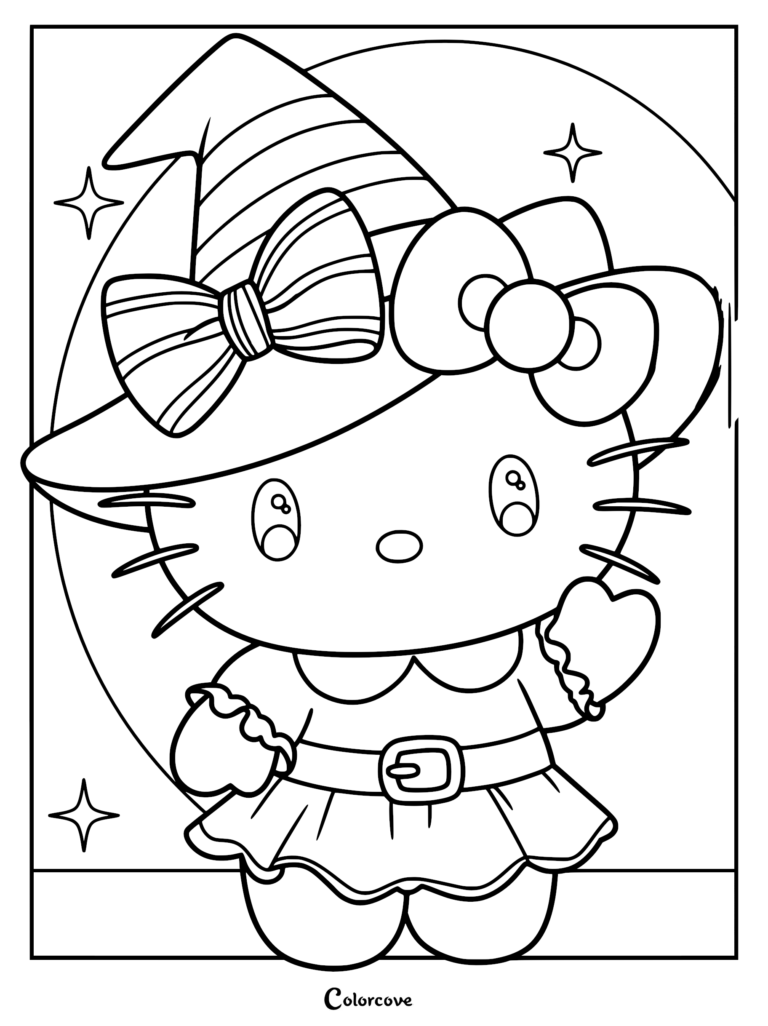 A Hello Kitty kitten character wearing a striped witch hat and a bow, holding a small heart, featured in a starry background line art coloring page.