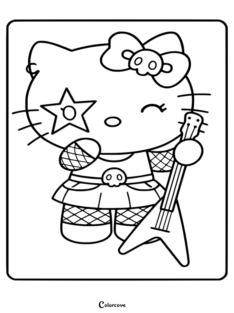 A pastel goth kitten coloring page featuring a character with a star eye patch, skull bow, and fishnet outfit holding a V-shaped electric guitar.