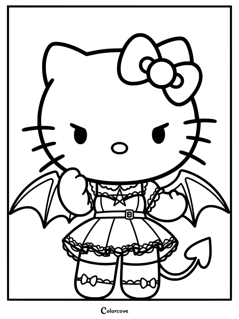 A printable pastel goth kitten coloring page featuring a character with a bow, bat wings, a pentagram dress, and a heart-tipped tail.
