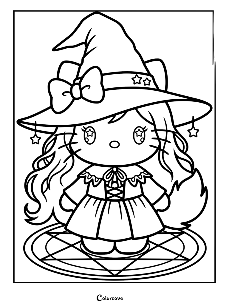 A cute pastel goth kitten character wearing a star-embellished witch hat, long hair with a bow, and a dress, standing on a pentagram circle in this detailed coloring page.