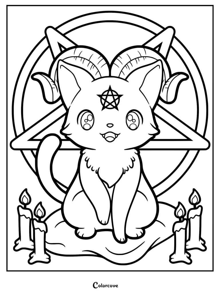 A cute pastel goth kitten with curved horns and a pentagram forehead mark, sitting before a large pentacle symbol and lit candles in this line art coloring page.