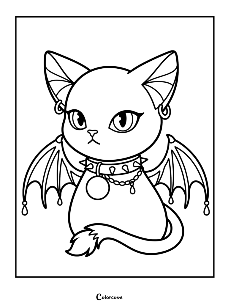 A printable pastel goth kitten coloring page featuring a cat with large bat wings, spiked collar, and hoop ear piercings.