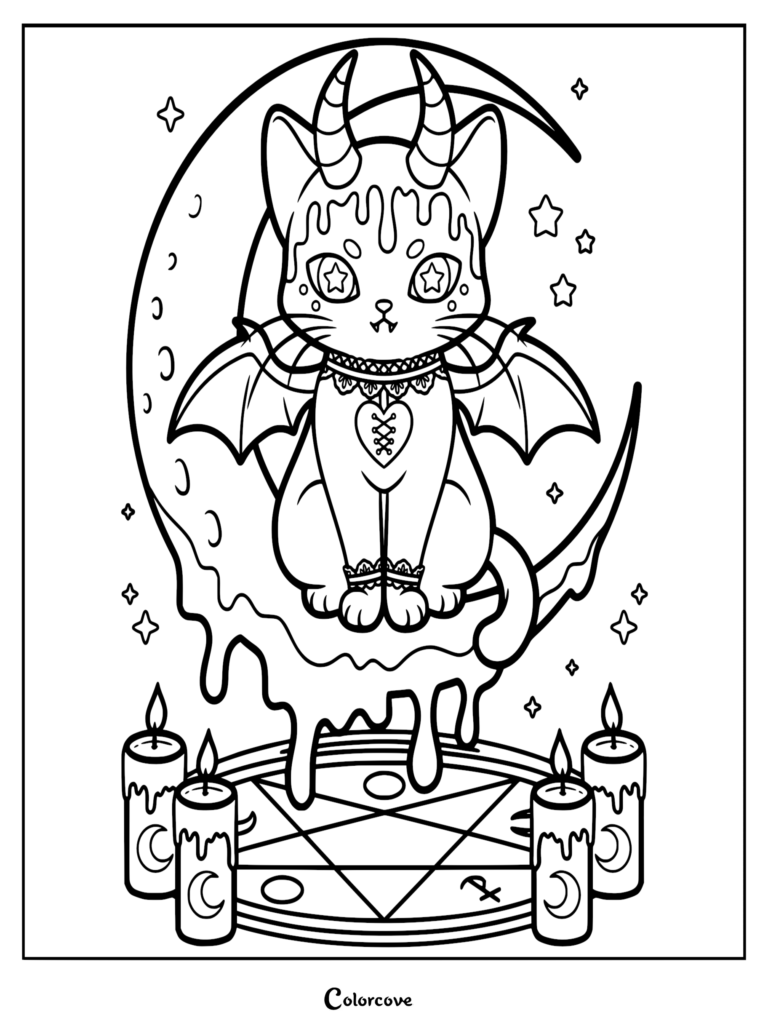 A pastel goth kitten coloring page featuring a horned cat with bat wings sitting on a melting crescent moon above a pentagram surrounded by lit candles.