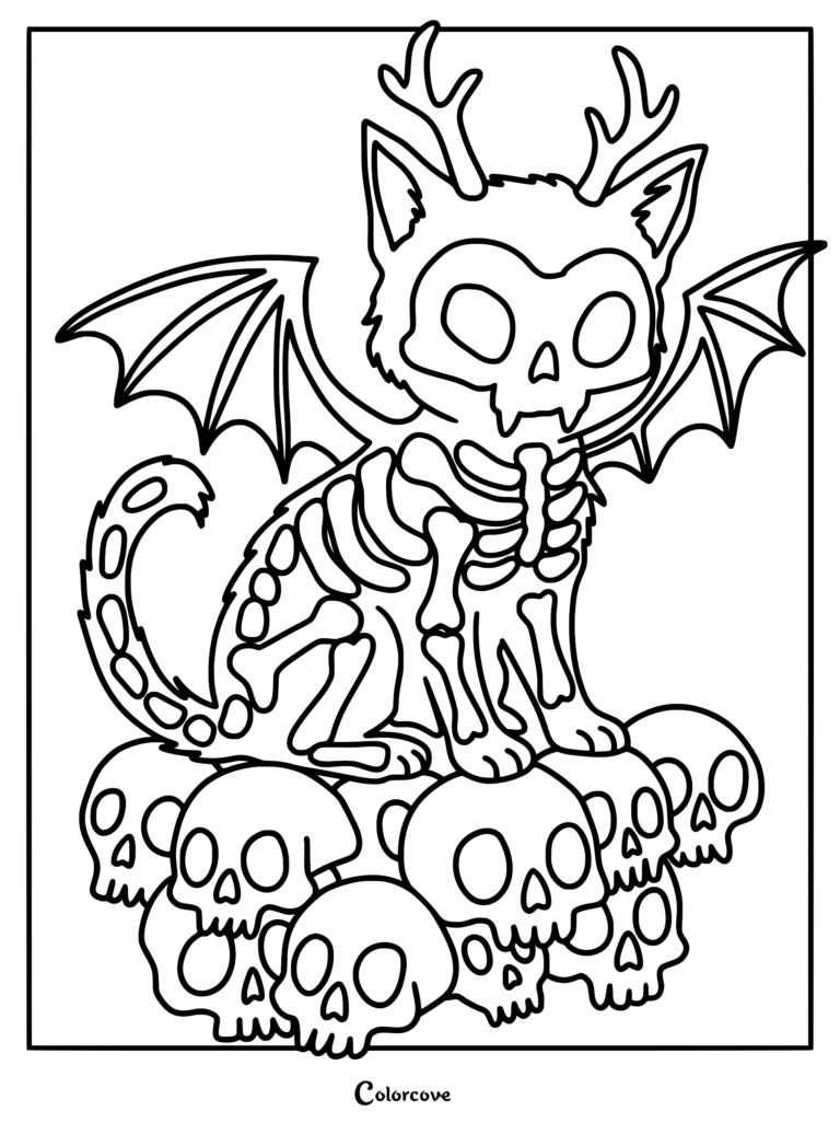 A pastel goth kitten coloring page featuring a skeleton cat with bat wings and antlers sitting atop a pile of human skulls.