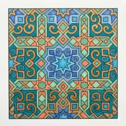 A colorful, hand-drawn geometric pattern inspired by traditional Islamic art, featuring interconnected stars, scrolls, and diamonds in blue, green, and orange hues.