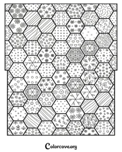 A detailed geometric hexagon pattern coloring page featuring various floral, polka dot, heart, and swirl designs inside each honeycomb cell for adults and kids.