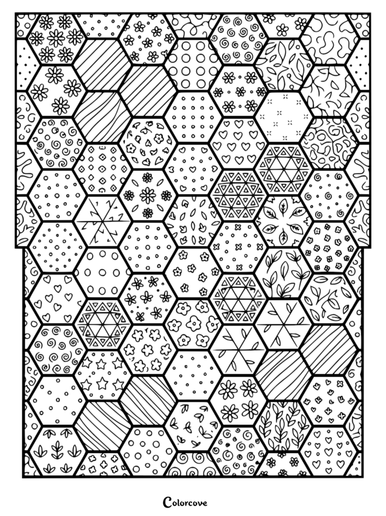 A complex geometric coloring page featuring a grid of hexagons filled with diverse patterns including flowers, hearts, dots, leaves, and stripes.