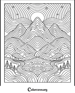 A detailed mountain landscape pattern coloring page featuring swirling lines, starry skies, and geometric trees for creative coloring.