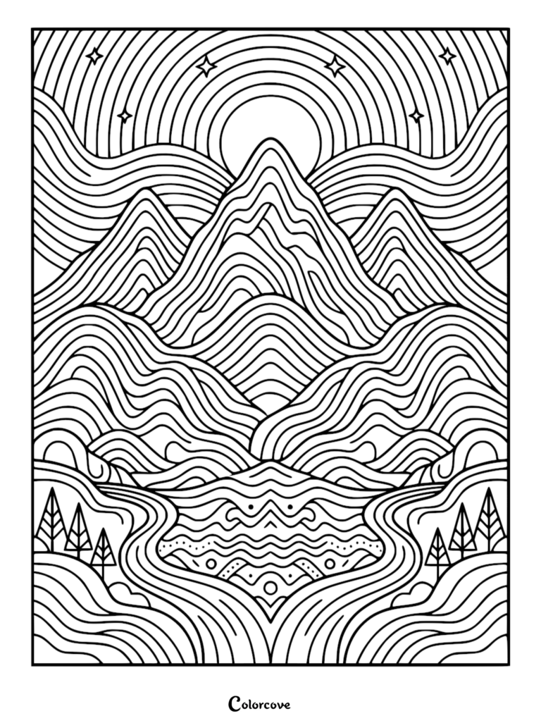 A black and white line art coloring page featuring a stylized mountain range with concentric wave patterns, a central sun, and small pine trees.