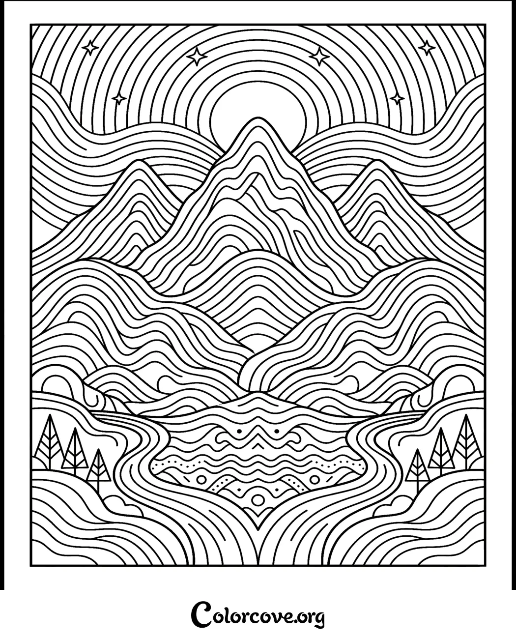 Escape into nature with this intricate mountain landscape pattern coloring page. Download and print this soothing geometric design instantly for a relaxing artistic activity.
