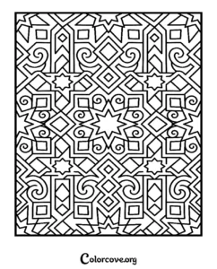 An intricate geometric pattern coloring page featuring Islamic-style star motifs, swirls, and abstract shapes for adults and kids.