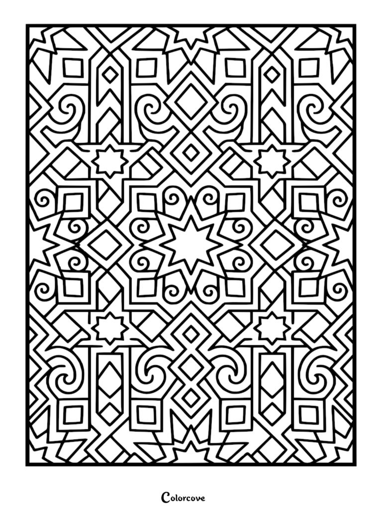 A complex geometric coloring page featuring an intricate Islamic-style pattern with interlocking stars, diamonds, and swirling scrollwork lines.
