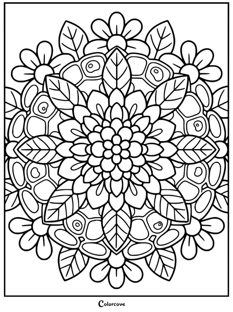 A circular floral mandala coloring page featuring a central flower surrounded by symmetrical leaves and petal patterns.