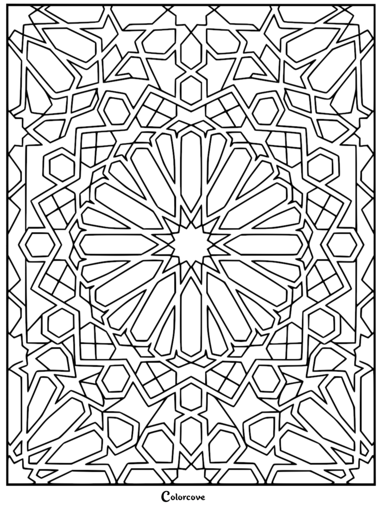 Intricate geometric Islamic pattern coloring page featuring a central twelve-pointed star surrounded by interlocking hexagons and linear shapes.