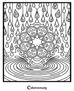 A detailed coloring page featuring an intricate geometric pattern with falling water drops and ripples, perfect for relaxation and mindfulness.