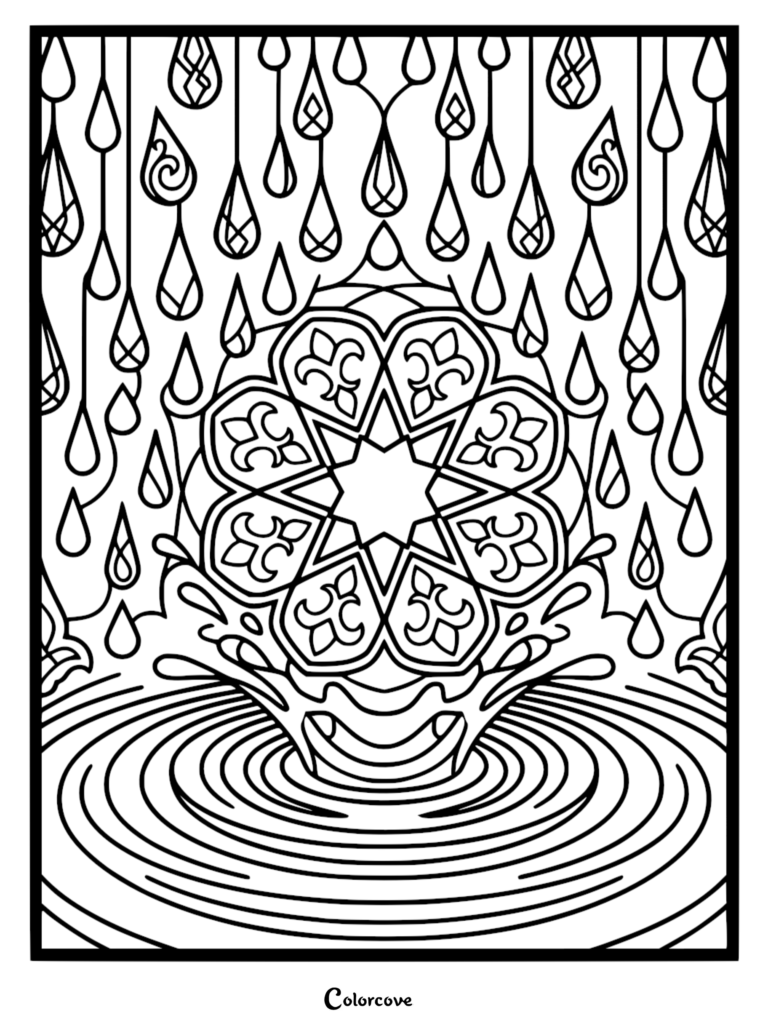 A printable coloring page featuring a geometric mandala pattern suspended above a rippling pool of water with falling teardrop shapes.