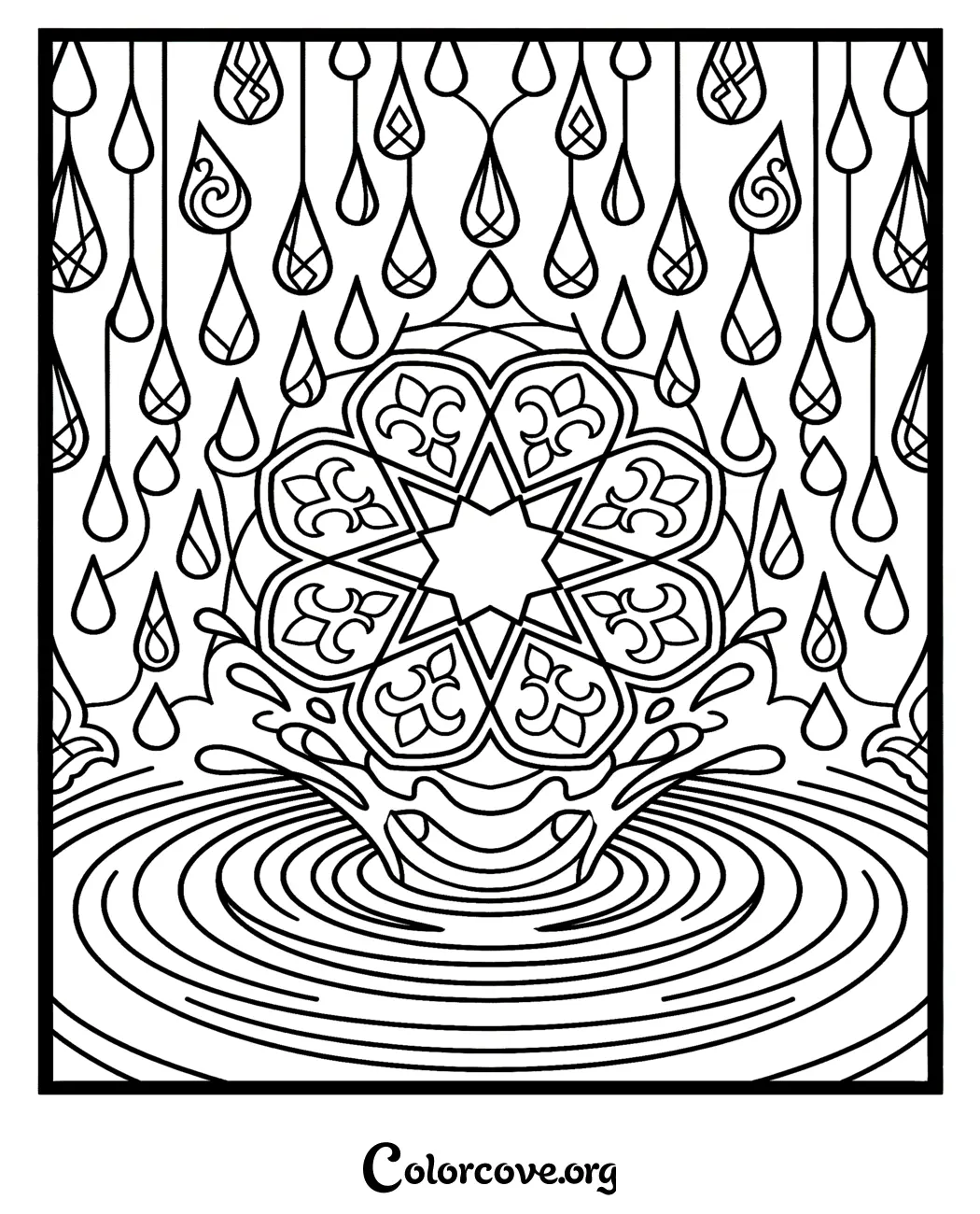 Unwind with this relaxing coloring page featuring a mesmerizing geometric pattern inspired by falling rain and water ripples. Print this unique design in seconds for a creative and soothing coloring experience.