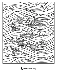 A relaxing zen garden pattern coloring page featuring swirling lines, stacked stones, and miniature bonsai trees for stress relief.