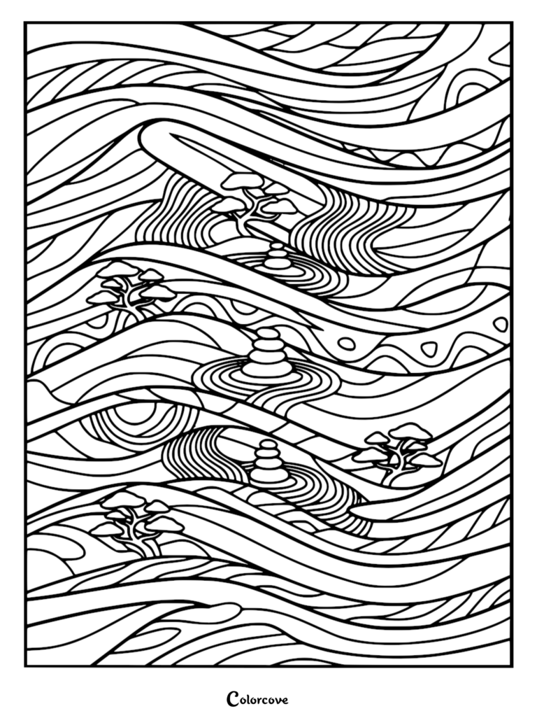 A zen garden coloring page featuring stacked stone cairns, miniature bonsai trees, and flowing sand ripples in a rhythmic wave pattern.