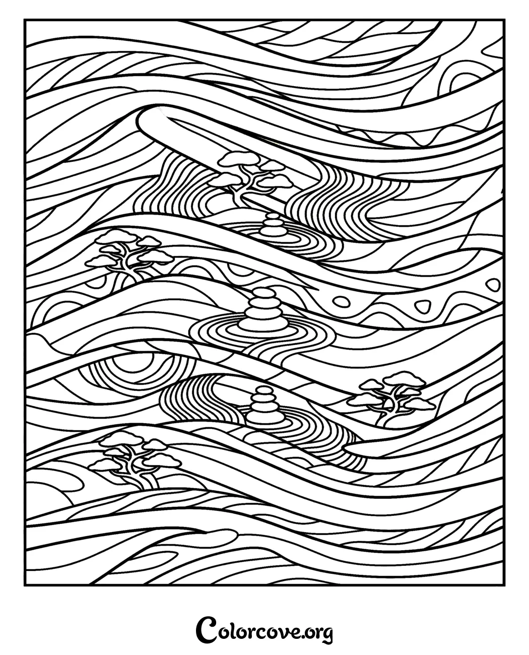 Find your inner peace with this relaxing zen garden pattern coloring page. Download and print this intricate design in seconds to enjoy a mindful coloring experience.