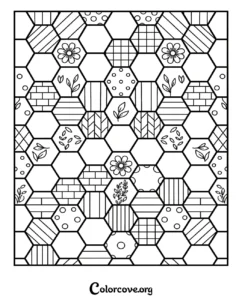A complex geometric hexagon pattern coloring page featuring flowers, leaves, and various textures for adults and kids to color.