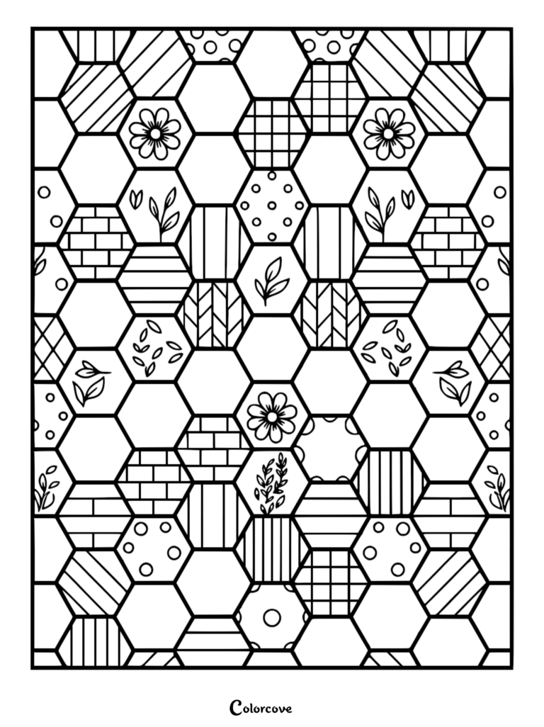 A printable coloring page featuring a repeating honeycomb pattern filled with diverse botanical, striped, and dotted textures.