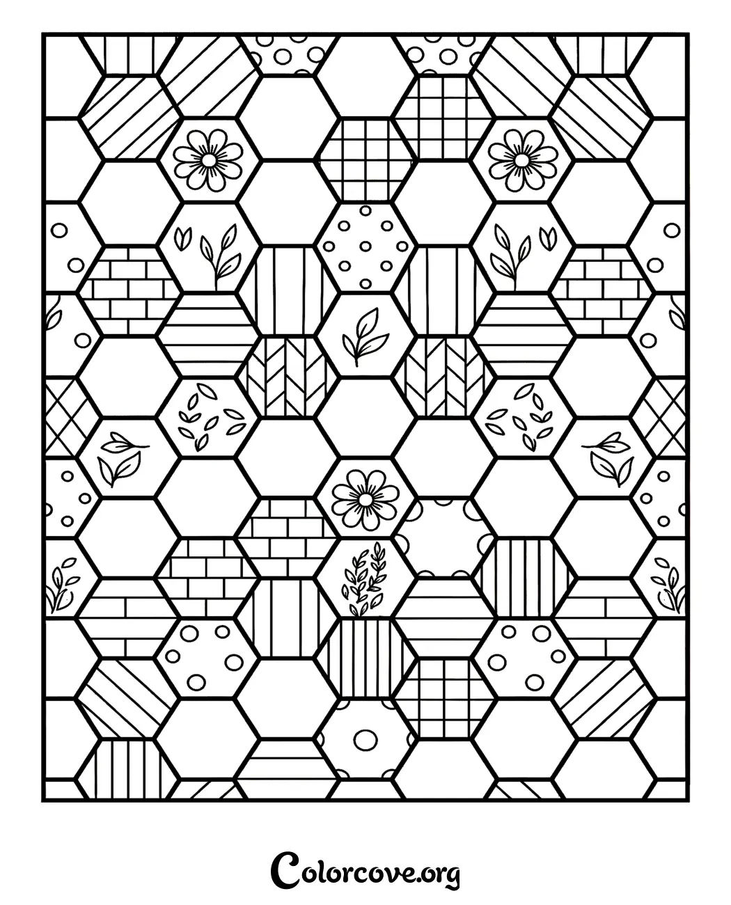 Unwind with this intricate hexagon pattern coloring page, featuring a variety of botanical elements and geometric textures. Print this free design in seconds for a relaxing and creative mindfulness activity.