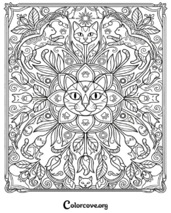 A detailed cat mandala pattern coloring page for adults, featuring intricate feline motifs, floral designs, and paw prints for stress relief.