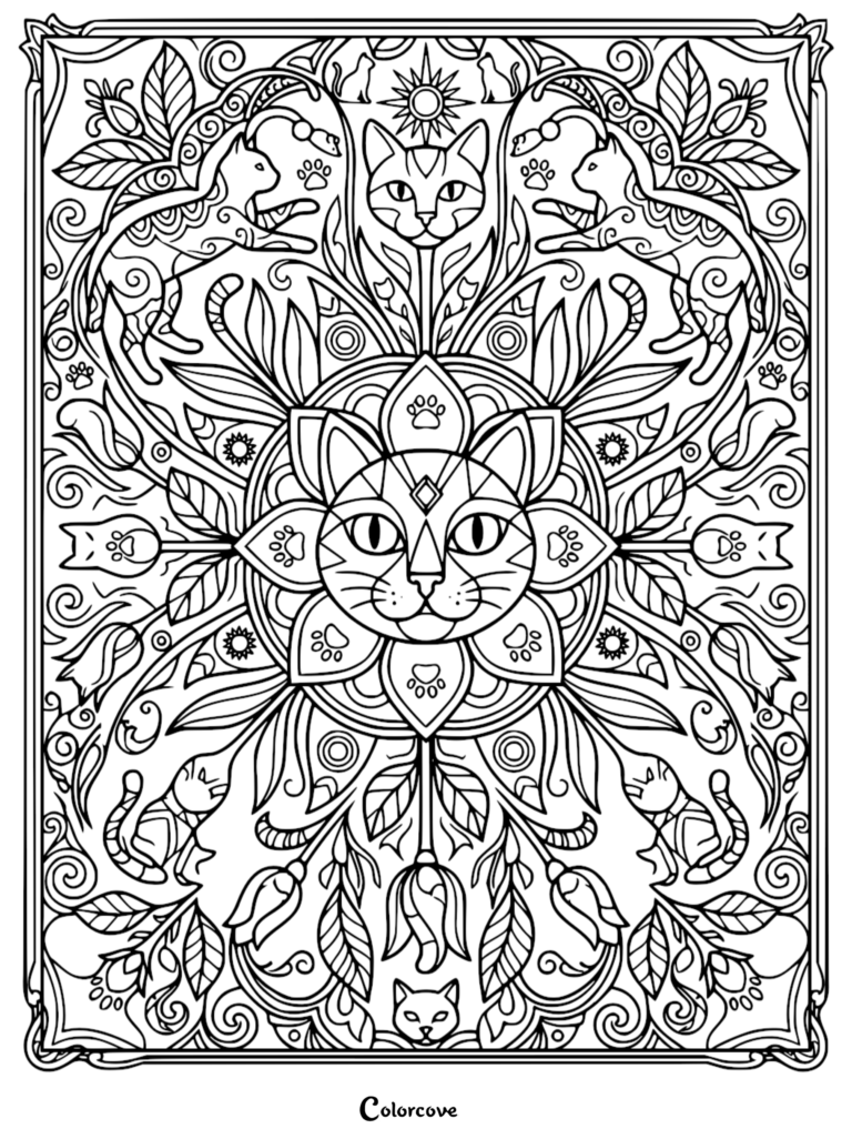 A detailed coloring page featuring a central cat face surrounded by a symmetrical mandala of floral motifs, paw prints, and smaller feline silhouettes.