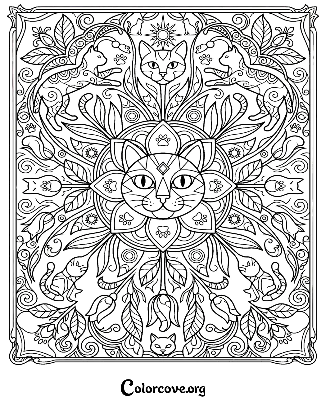 Immerse yourself in relaxation with this intricate cat mandala pattern coloring page. Perfect for cat lovers, this artistic design offers hours of creative fun and can be printed instantly.