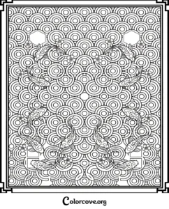 A detailed coloring page featuring a Zen-inspired pattern of overlapping circles, koi fish, and cherry blossoms perfect for adults.