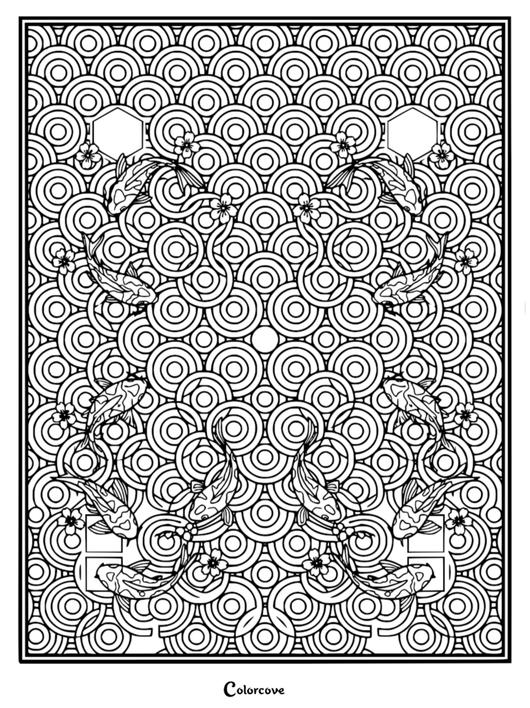 Intricate coloring page featuring koi fish swimming through a repeating pattern of overlapping geometric circles and cherry blossom flowers.