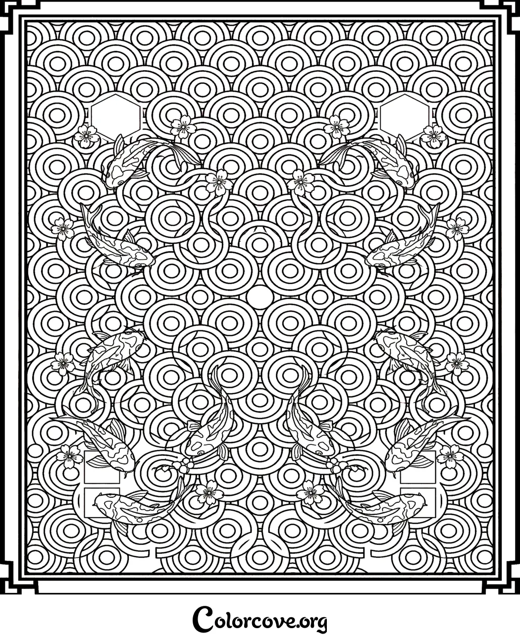Unwind with this relaxing koi fish pattern coloring page featuring intricate geometric circles and delicate floral motifs. Perfect for mindful coloring, this printable page is ready to download and color in seconds.